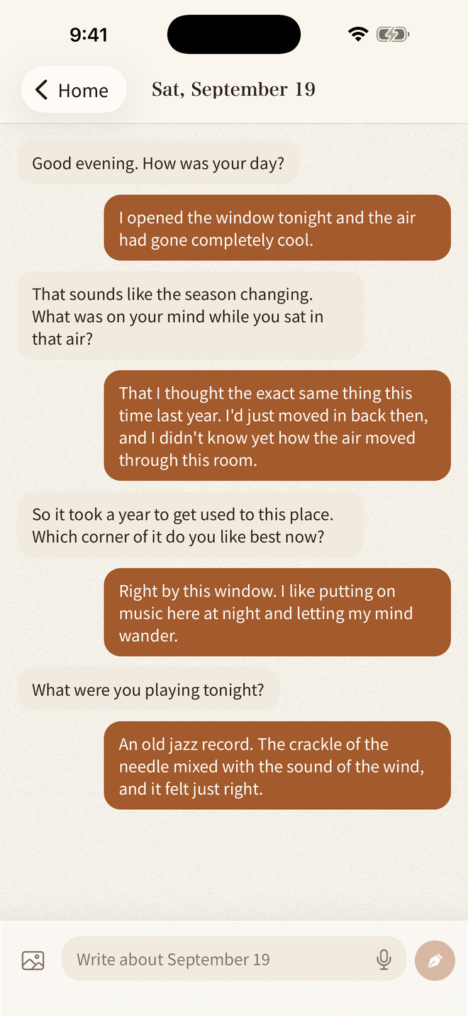 Conversation screen with the AI, starting with 'How was your day?'