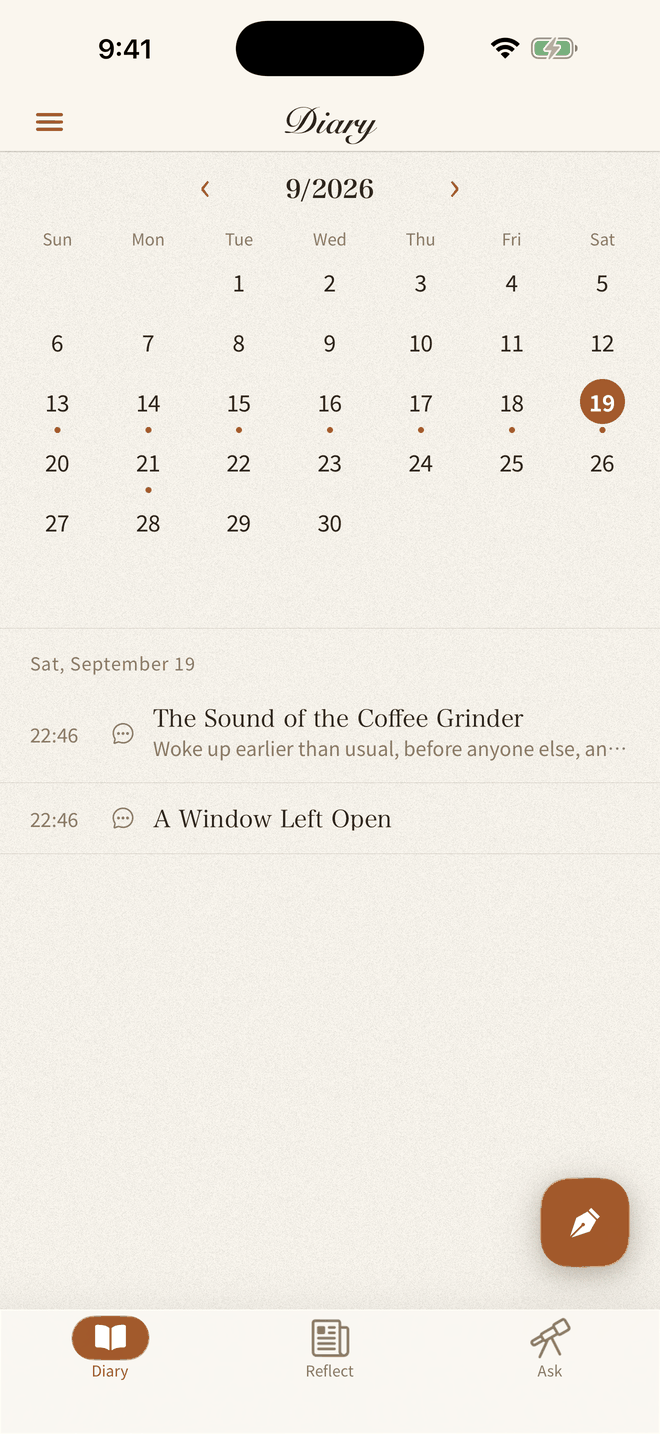 Daymoir home screen. A calendar with marks on days you wrote a diary entry