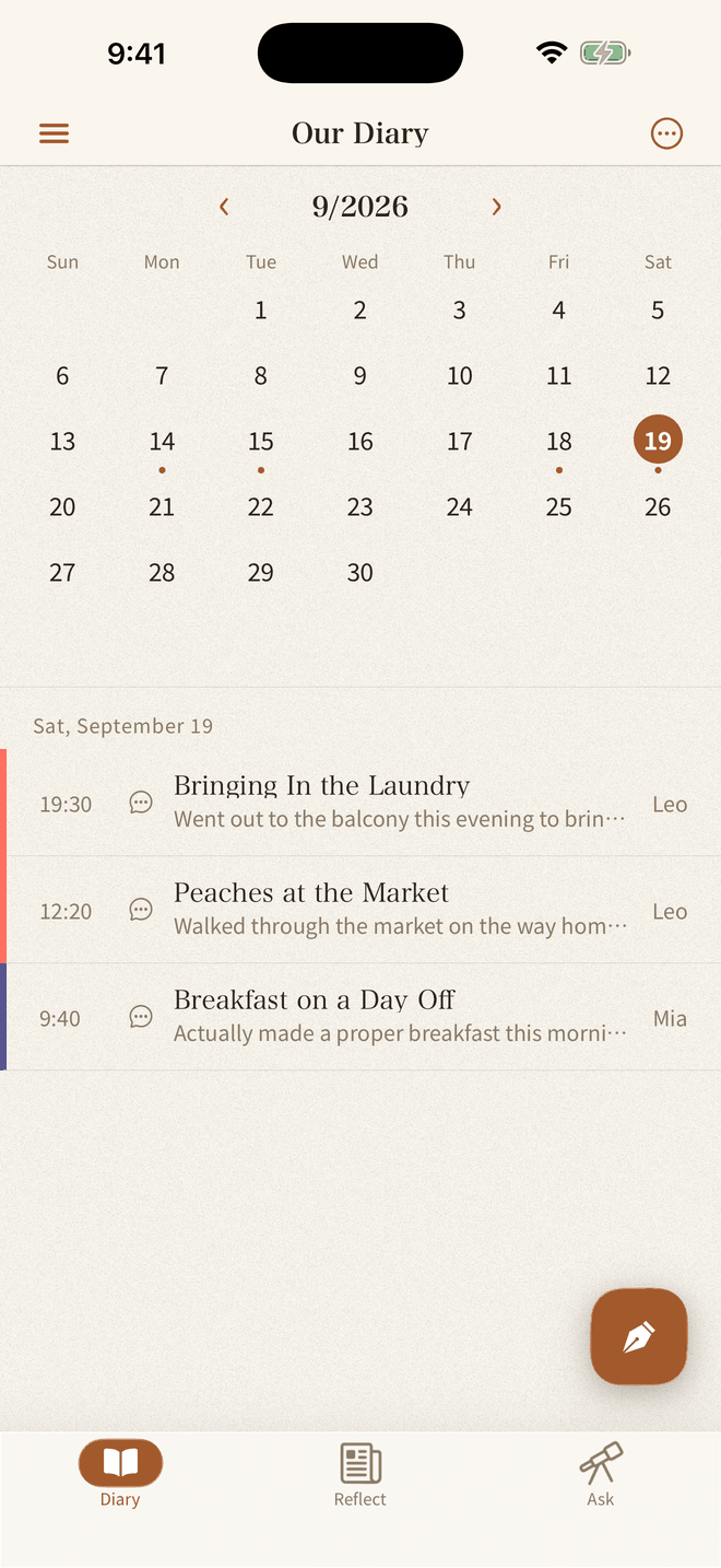 A shared journal list, with each family member's entries lined up by date