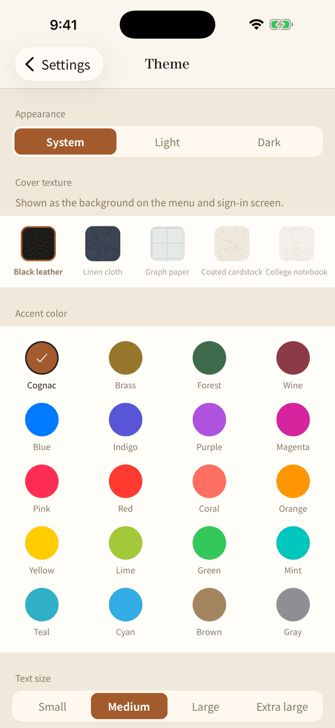 Theme settings screen, with 20 accent colors to choose from